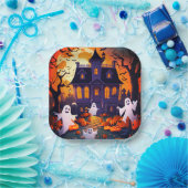 Gelukkig Halloween spook en spookhuis Papieren Bordje (Feest)