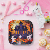 Gelukkig Halloween spook en spookhuis Papieren Bordje (Feest)