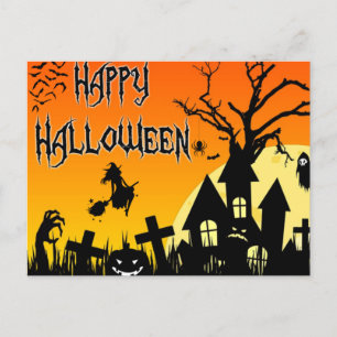 Gelukkig Halloween Spooky Haunted House, Cemetery Feestdagenkaart
