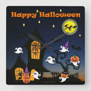Gelukkig Halloween Spukhuis Vierkante Klok