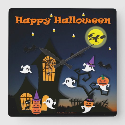 Gelukkig Halloween Spukhuis Vierkante Klok (Voorkant)