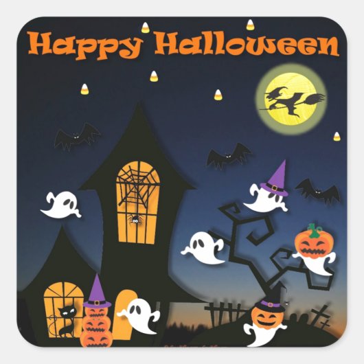 Gelukkig Halloween Spukhuis Vierkante Sticker (Voorkant)