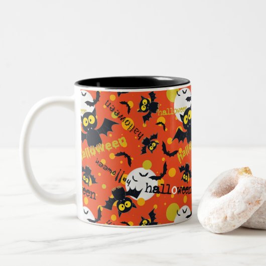 Gelukkig Halloween Vampier Fang Bat Spooky Design Tweekleurige Koffiemok (Met donut)
