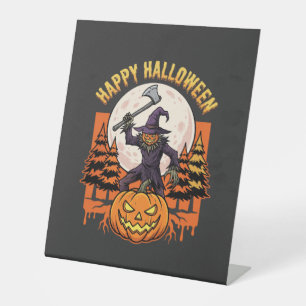 Gelukkig Halloween Vogelverschrikker Jack O Lanter Reclamebord Met Voetstuk