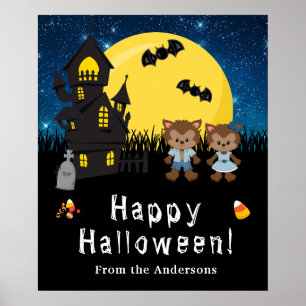 Gelukkig Halloween Weerwolven Blauwe Feestbord Poster