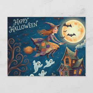 Gelukkig Halloween Whimsical Heks op de Bezem Feestdagenkaart