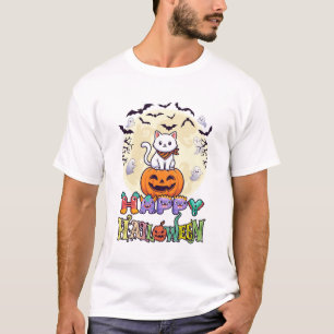 Gelukkig Halloween Witte Kat Pompoen Maan Vleermui T-shirt