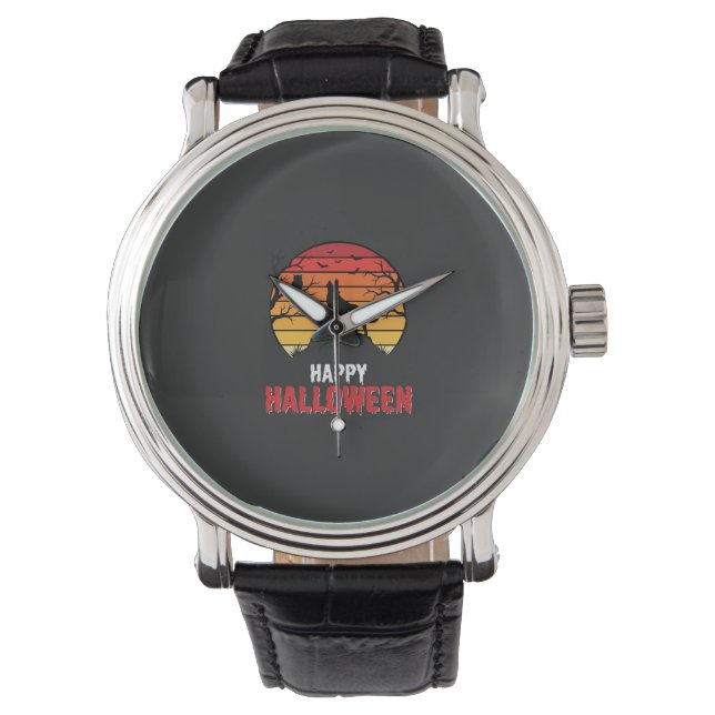Gelukkig Halloween Wolf Zonsondergang Vector Horloge (Voorkant)
