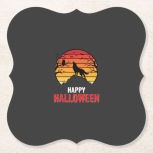 Gelukkig Halloween Wolf Zonsondergang Vector Kartonnen Onderzetters