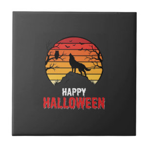 Gelukkig Halloween Wolf Zonsondergang Vector Tegeltje