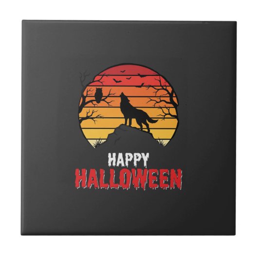 Gelukkig Halloween Wolf Zonsondergang Vector Tegeltje (Voorkant)