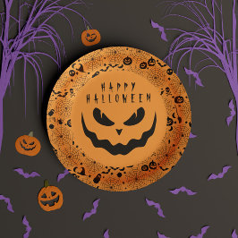 Gelukkig Halloween Zwarte en Oranje Jack-o'-lantaa Papieren Bordje