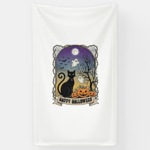 Gelukkig Halloween Zwarte Kat Geesten Pompoenen_1 Spandoek