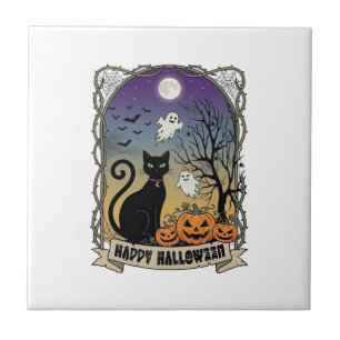 Gelukkig Halloween Zwarte Kat Geesten Pompoenen_1 Tegeltje