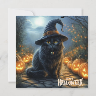 Gelukkig Halloween Zwarte Kat met Pompoenen Feestdagenkaart