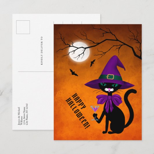 Gelukkig Halloween Zwarte Kat Paarse Heksenhoed Ma Feestdagenkaart (Voorkant / Achterkant)