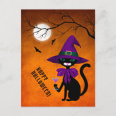 Gelukkig Halloween Zwarte Kat Paarse Heksenhoed Ma Feestdagenkaart (Voorkant)