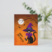 Gelukkig Halloween Zwarte Kat Paarse Heksenhoed Ma Feestdagenkaart (Staand voorkant)