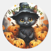 Gelukkig Halloween Zwarte Kat Pompoenen Ronde Sticker (Voorkant)