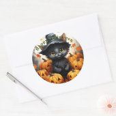 Gelukkig Halloween Zwarte Kat Pompoenen Ronde Sticker (Envelop)