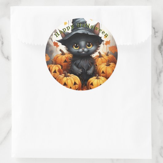 Gelukkig Halloween Zwarte Kat Pompoenen Ronde Sticker (Tas)