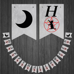 Gelukkig Halloween Zwarte Kat Rode Pentagram Grijs Vlaggetjes
