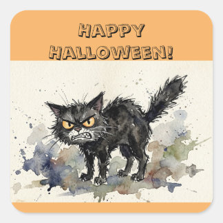 Gelukkig Halloween Zwarte Kat Vierkante Stickers