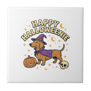 Gelukkig Halloweenie Dachshund Heks Hond T-Shirt_1 Tegeltje