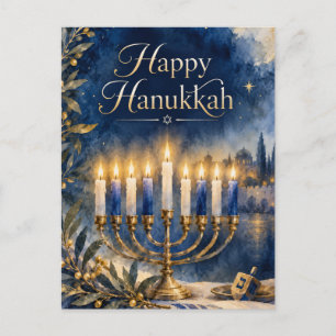 Gelukkig Hanukka Blauw en Goud Menora Waterverf Feestdagenkaart