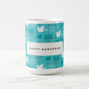 Gelukkig Hanukka Menora Duif Turquoise Joods Koffiemok