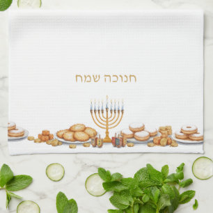 Gelukkig Hanukka Menora Eten Latkes & Donuts Theedoek
