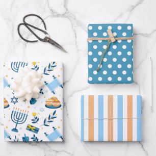 Gelukkig Hanukka Menora Inpakpapier Set van 3 Vel