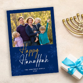 Gelukkig Hanukka Sneeuwvlokken Donkerblauwe Foto Feestdagenkaart