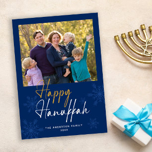 Gelukkig Hanukka Sneeuwvlokken Donkerblauwe Foto Feestdagenkaart