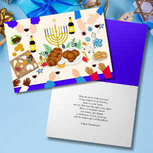 Gelukkig Hanukka-tafel met Menora, eten & familie Kaart