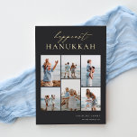 Gelukkig Hanukkah Elegant 6 Foto Collage Folie Feestdagenkaart<br><div class="desc">Deel de eer met deze moderne Hanukkah-vakantiekaarten met 6 van uw favoriete foto's in een rastercollage. De "gelukkigste Hanukkah" staat bovenaan in gouden folie,  met handschrift geschreven kalligrafie en klassieke serif letters op een zachte zwarte achtergrond. Pas uw familienaam aan en het jaar rechtsonder aan.</div>