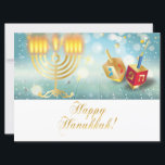 Gelukkig Hanukkah-festival Gouden Menora Lichten<br><div class="desc">Gelukkig Hanukkah-festival feestelijke decoratie met gouden menorah en gebakken donuts op houten tafel,  bokeh lichten achtergrond,  kalligrafie tekst & gouden ornament (een gouden folie tekst & ornament - zijn gesimuleerd). Waterverf Illustratie. Uitnodigingen & Briefpapier > Wenskaarten > Feest- & Seizoenskaarten > Hanukkah</div>