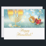 Gelukkig Hanukkah-festival Gouden Menora Lichten<br><div class="desc">Gelukkig Hanukkah-festival feestelijke decoratie met gouden menorah en gebakken donuts op houten tafel,  bokeh lichten achtergrond,  kalligrafie tekst & gouden ornament (een gouden folie tekst & ornament - zijn gesimuleerd). Waterverf Illustratie. Uitnodigingen & Briefpapier > Wenskaarten > Feest- & Seizoenskaarten > Hanukkah</div>