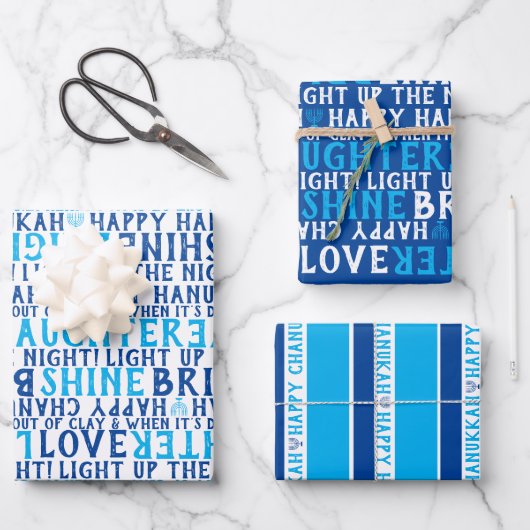 GELUKKIG HANUKKAH Liefde Licht Lachen Blauw & Wit Inpakpapier Vel (Voorkant)