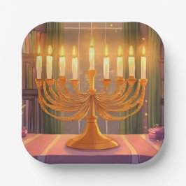 Gelukkig Hanukkah Menora Kaarsen Olie Schilderij Papieren Bordje