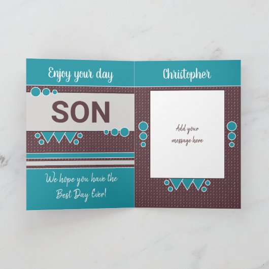 Gelukkig heb je je zoon bruin en turquoise verjaar kaart (Binnen)