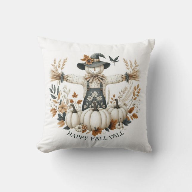 Gelukkig Herfst Scarecrow en Herfstloof Kussen (Voorkant)