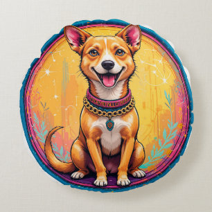 Gelukkig honden met een kleurrijke halsband rond kussen