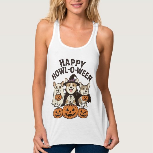 Gelukkig Howl-O-Ween Corgi Halloween Hond Vector O Tanktop (Voorkant)