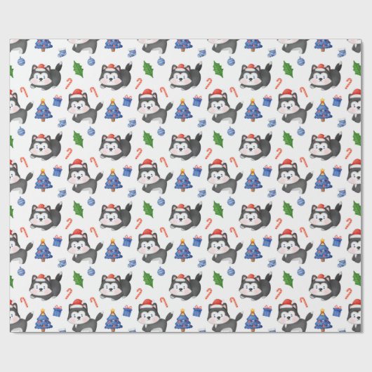 Gelukkig Husky Kerstpatroon Cadeaupapier (Vlak)