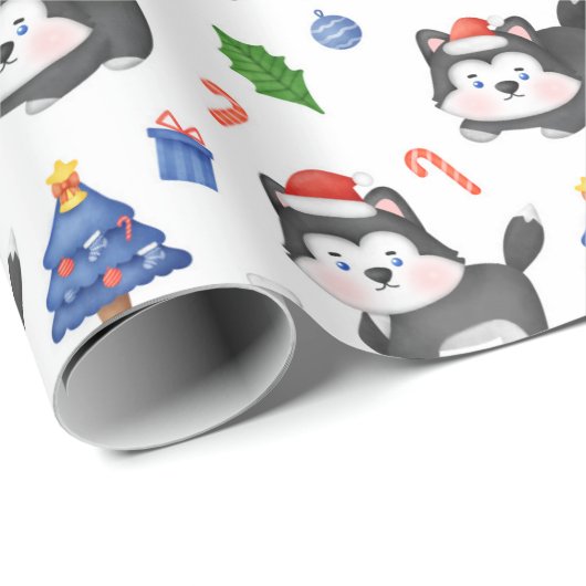 Gelukkig Husky Kerstpatroon Cadeaupapier (Rol Hoek)
