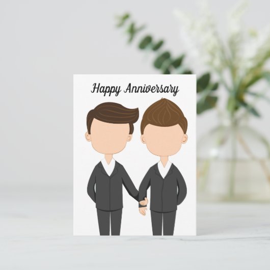 Gelukkig huwelijksjubileum homoseksueel mannenkopp briefkaart (Staand voorkant)