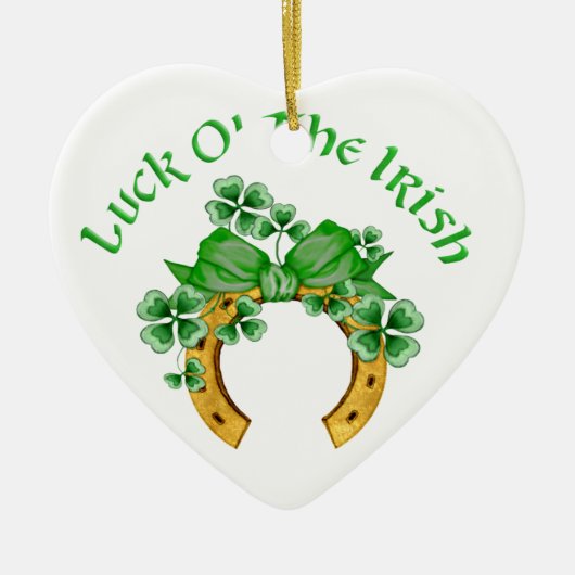 Gelukkig Iers Hoefijzer en Shamrocks Keramisch Ornament (Voorkant)