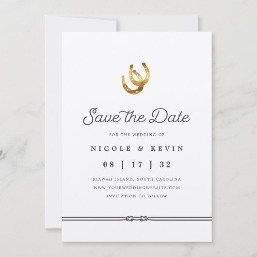 Gelukkig in de liefde | Rustieke Hoefijzers Foto Save The Date (Voorkant)