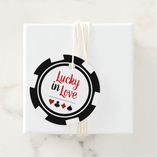 Gelukkig in liefde zwart wit poker chip bruiloft bedankjes labels (In situ)